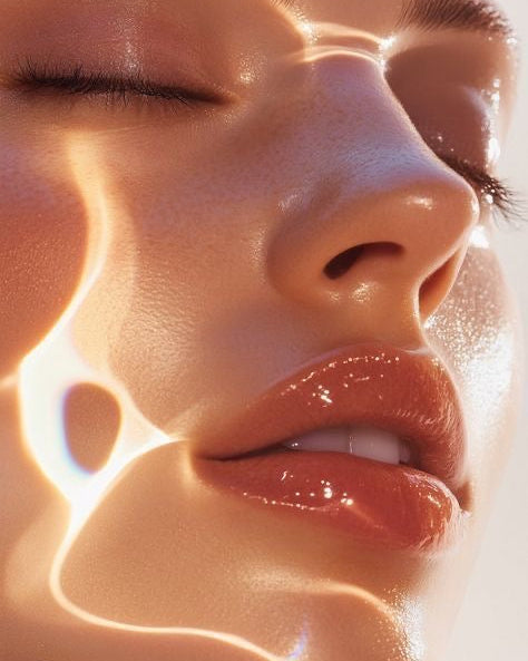 Close-up of a person's face with lighting and a focus on the nose and lips.
