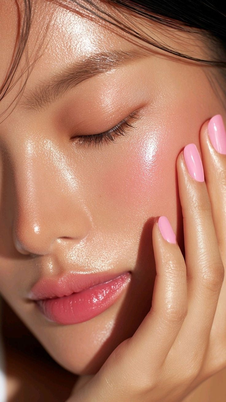 Close-up of a person's face with pink nail polish touching their cheek.